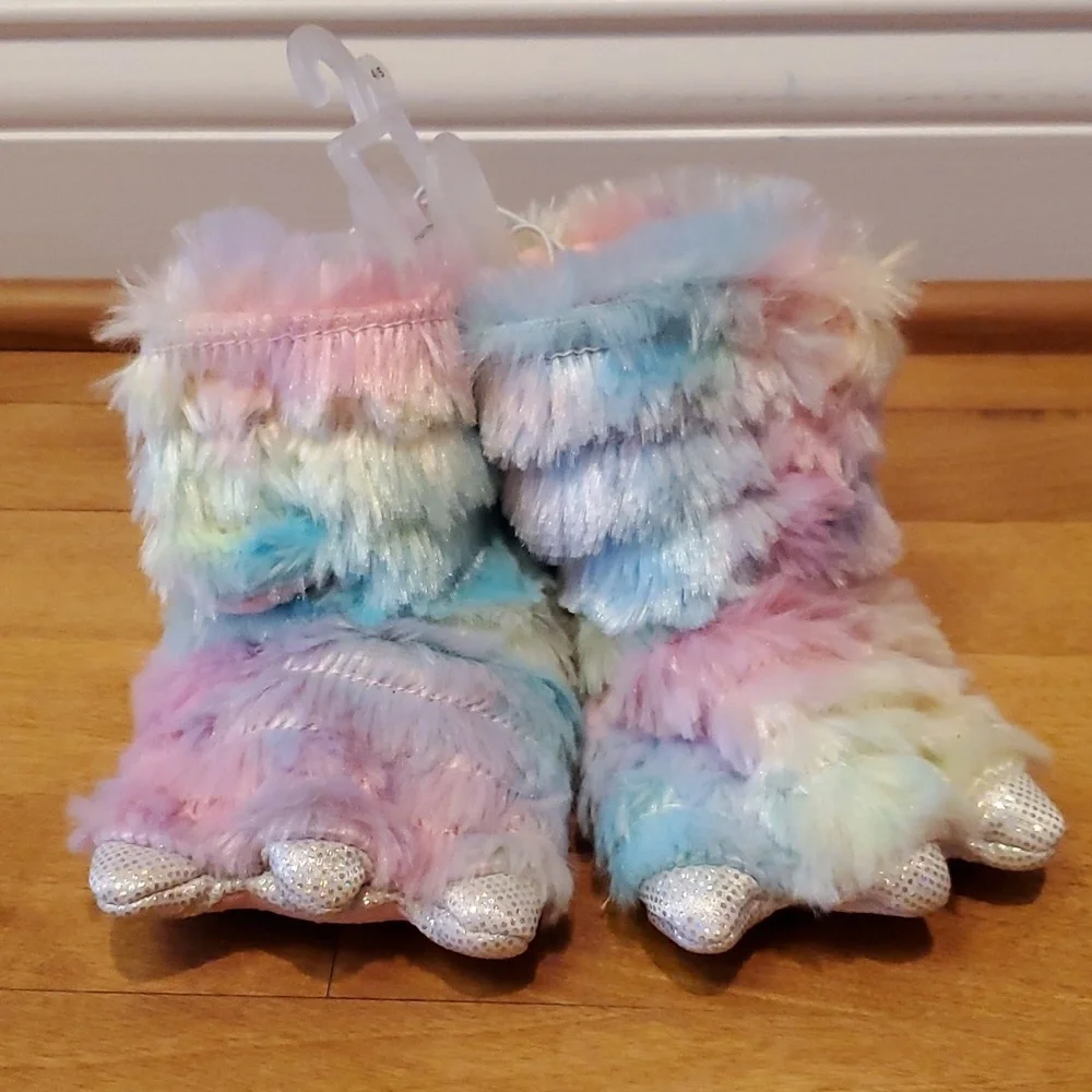 Baby Girls Falls Creek Rainbow Monster Slippers Size 4/5 Fur Claws NWT